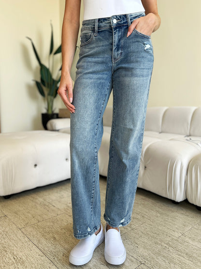 Mid Rise Distressed Straight Jeans