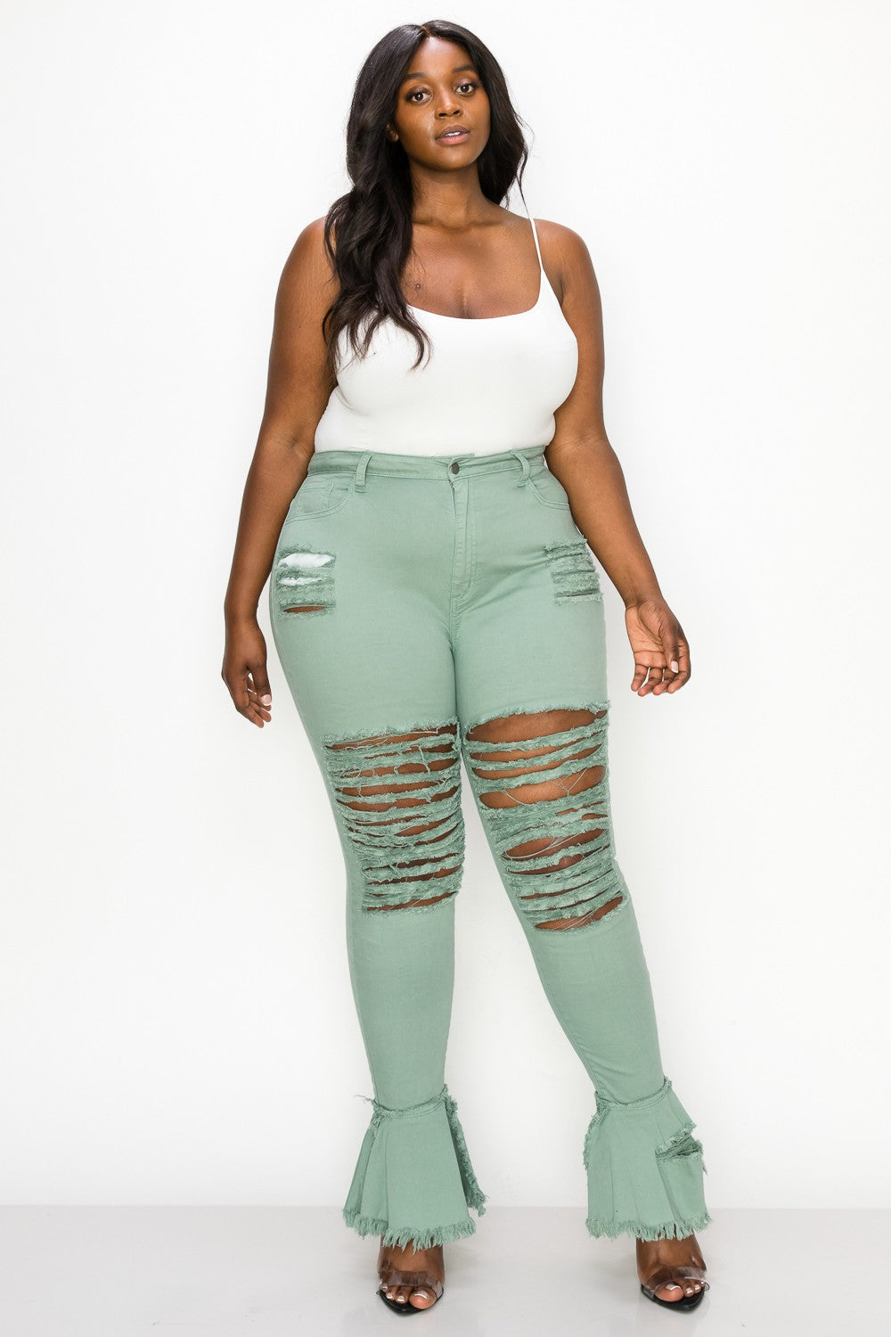 women's plus size distressed denim pants, distressed denim, plus size denim, women's fashion, plus size fashion, women's plus size fashion, distressed denim, 18-24W, flare denim jeans, plus size flare jeans, women's flare, wide leg denim, plus size wide leg,  