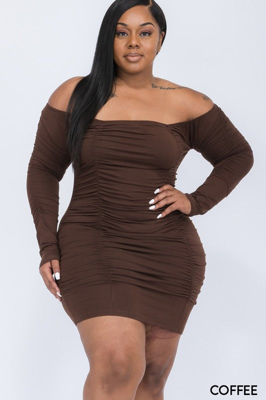 Off Shoulder Ruched Long Sleeve Dress