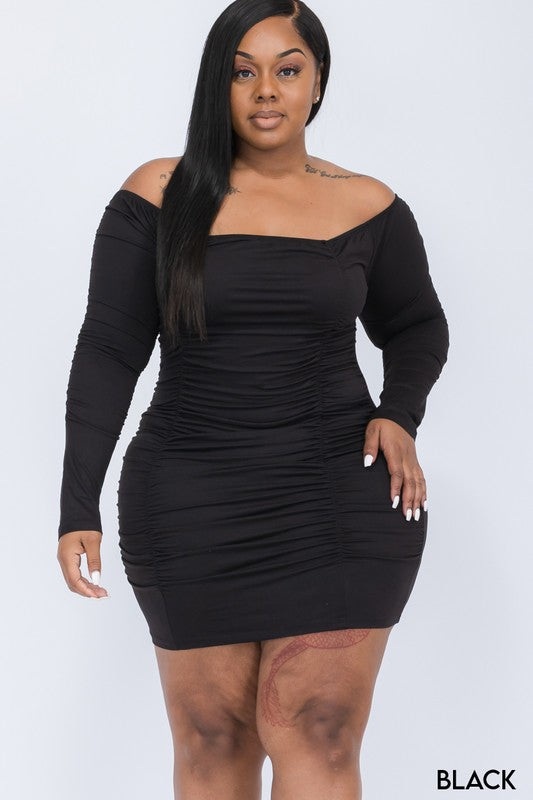 Off Shoulder Ruched Long Sleeve Dress