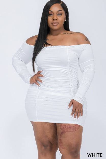 Off Shoulder Ruched Long Sleeve Dress