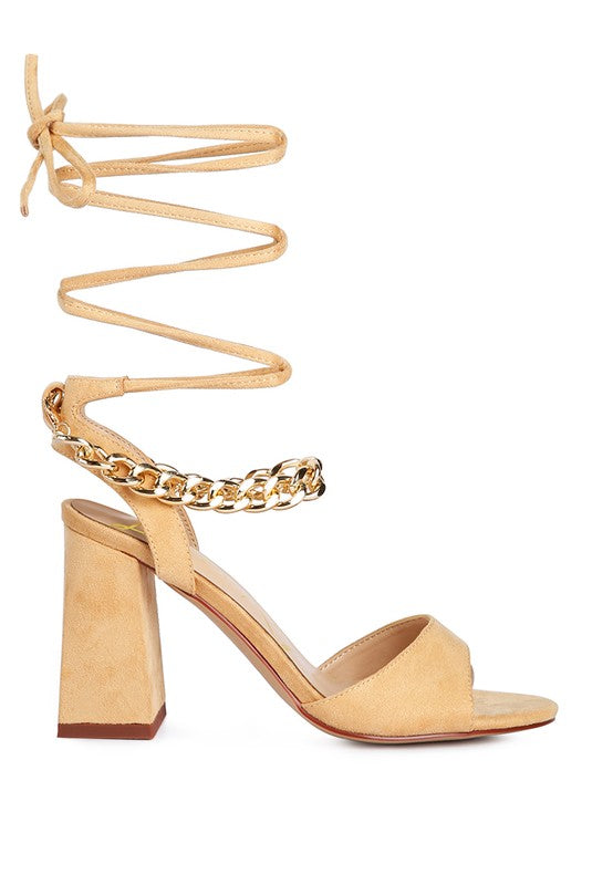 GONE GURL CHAIN DETAIL TIE UP BLOCK HEELS