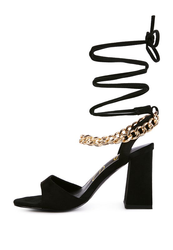 GONE GURL CHAIN DETAIL TIE UP BLOCK HEELS