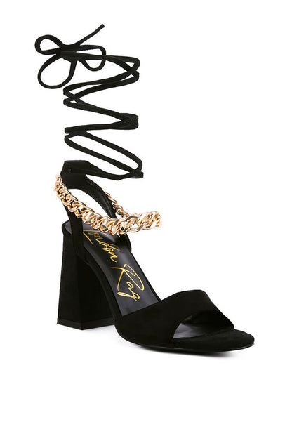 GONE GURL CHAIN DETAIL TIE UP BLOCK HEELS