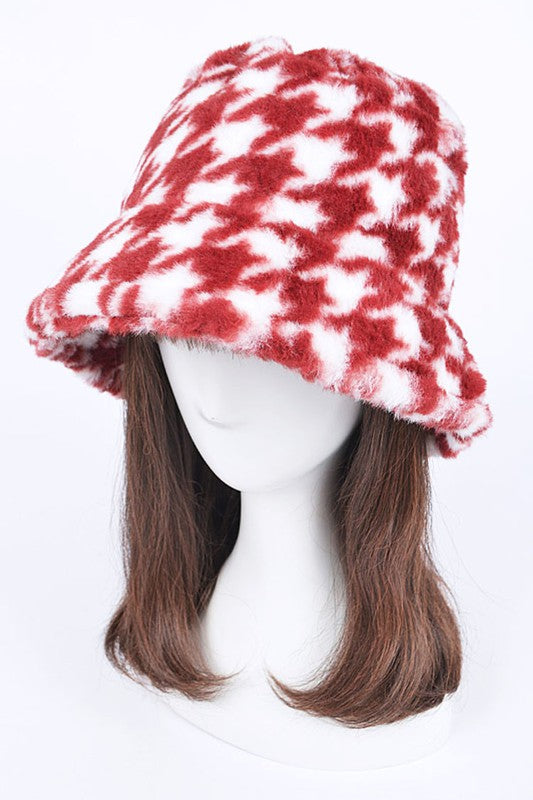 Houndstooth Faux Fur Bucket Hat