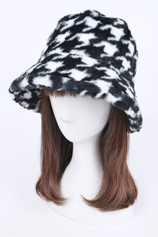 Houndstooth Faux Fur Bucket Hat