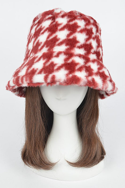 Houndstooth Faux Fur Bucket Hat