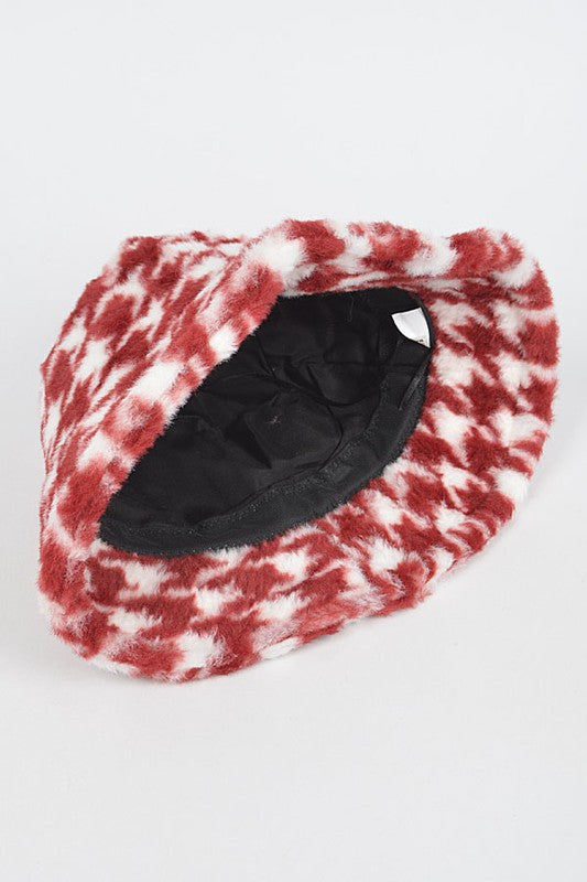 Houndstooth Faux Fur Bucket Hat