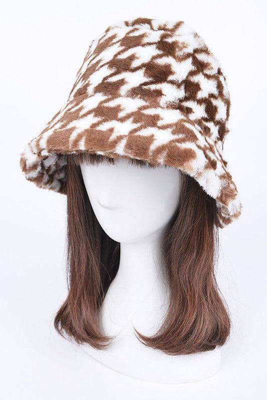 Houndstooth Faux Fur Bucket Hat