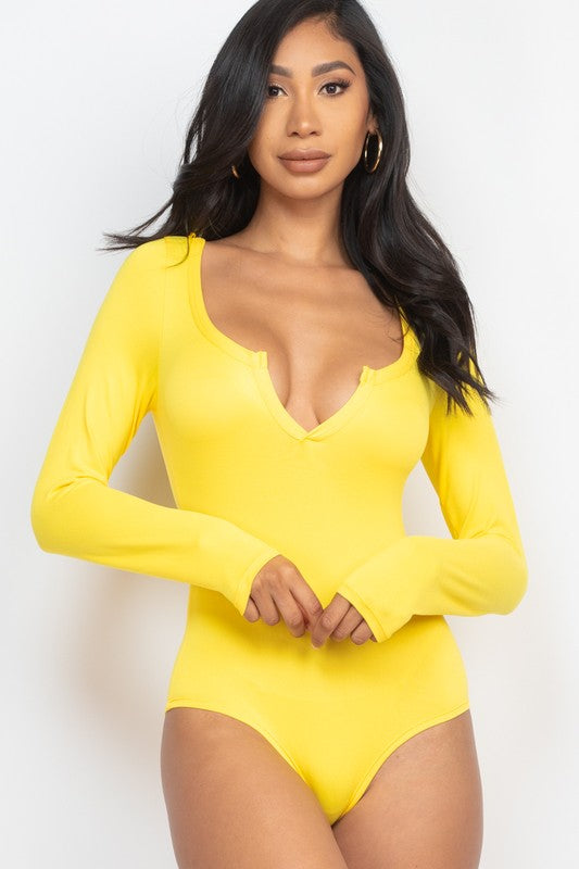 Split Neck Solid bodycon sexy Bodysuit