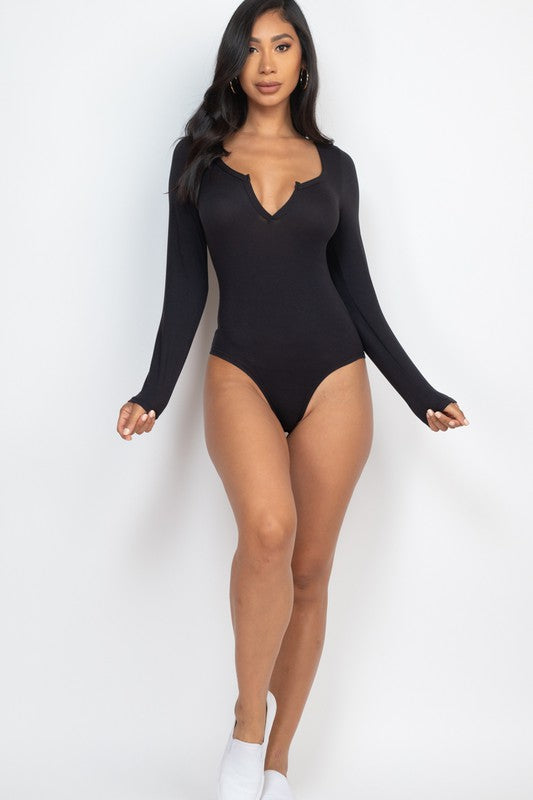 Split Neck Solid bodycon sexy Bodysuit