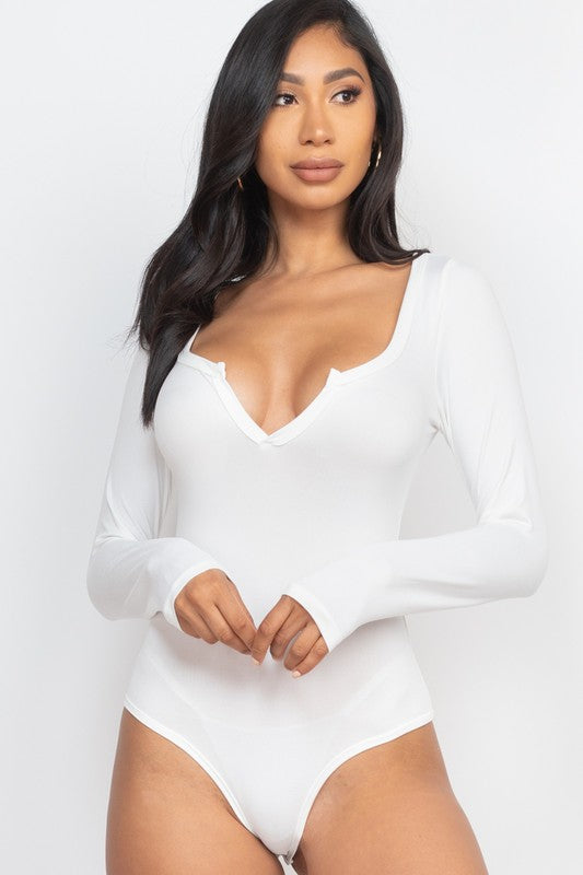 Split Neck Solid bodycon sexy Bodysuit