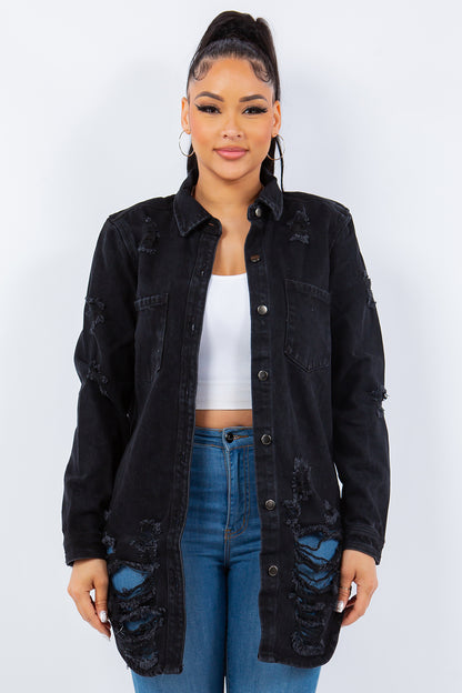 Distressed Button Up Denim Jacket