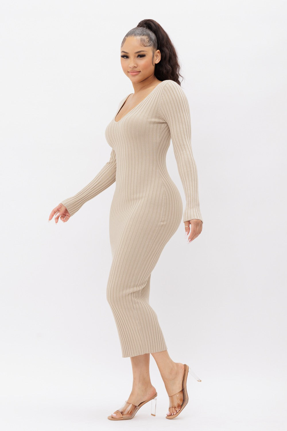 Deep V-Neck Sweater Dress