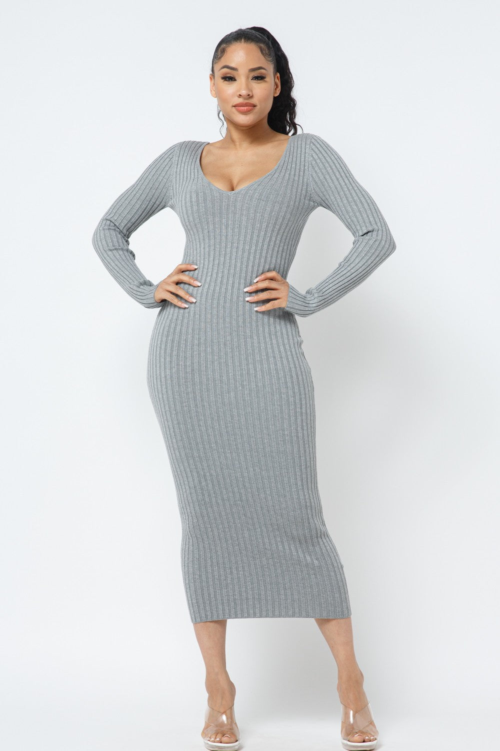 Deep V-Neck Sweater Dress