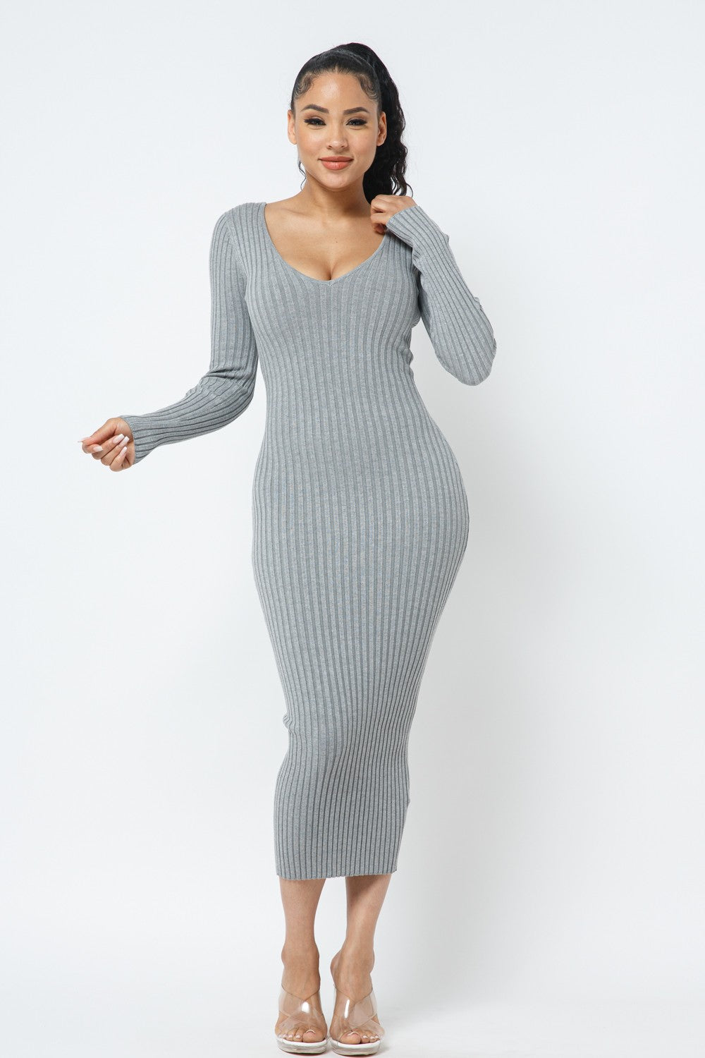 Deep V-Neck Sweater Dress