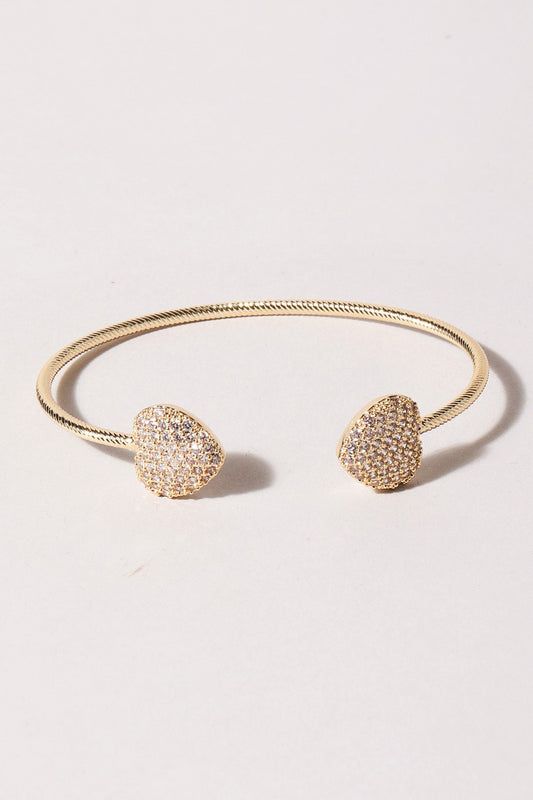 2 Heart Pave Gold Wire Bangle Bracelet