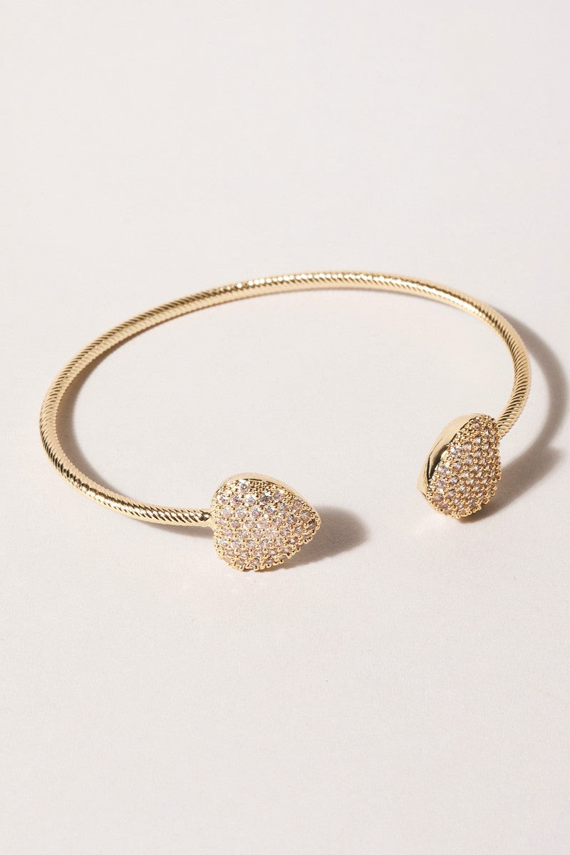 2 Heart Pave Gold Wire Bangle Bracelet