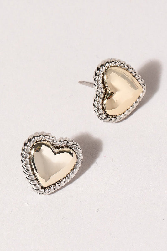 Two Tone Gold Heart Stud Earrings