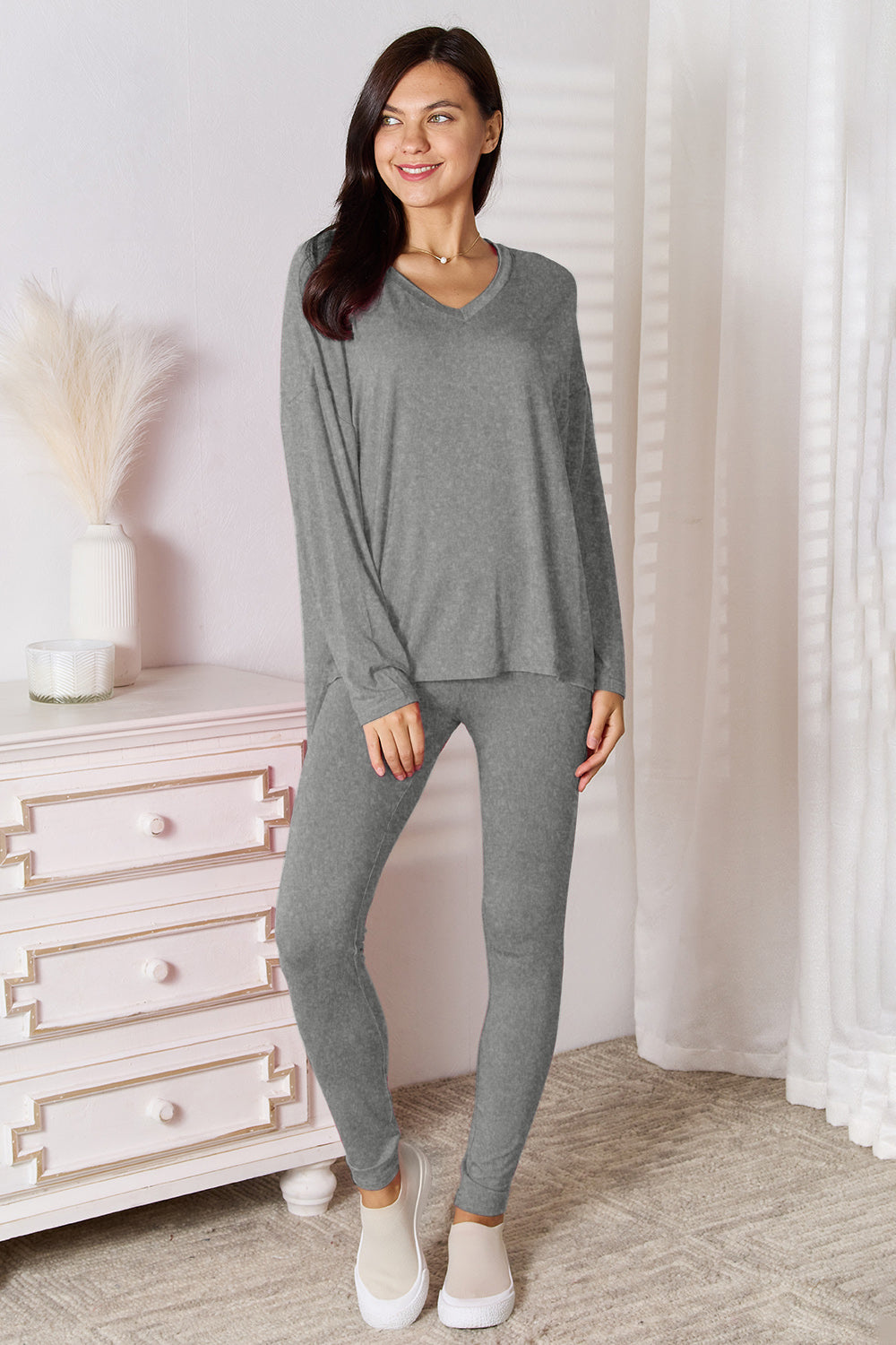 Bamboo  V-Neck Long Sleeve Top and Pants Lounge Set