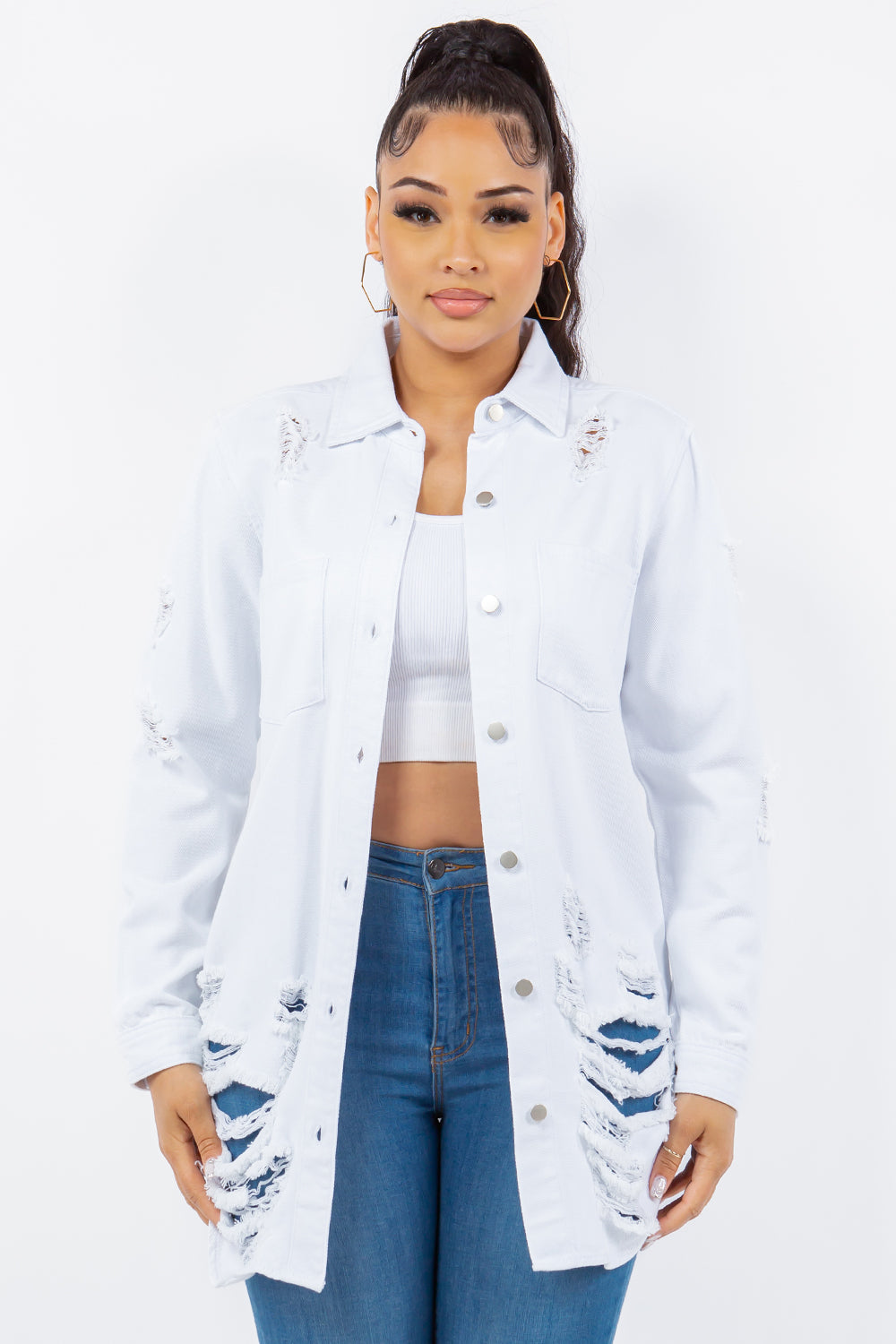 Distressed Button Up Denim Jacket