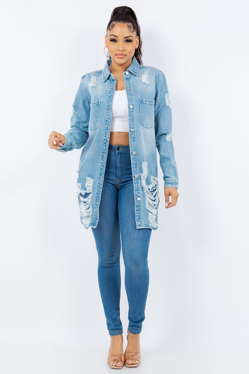 Distressed Button Up Denim Jacket