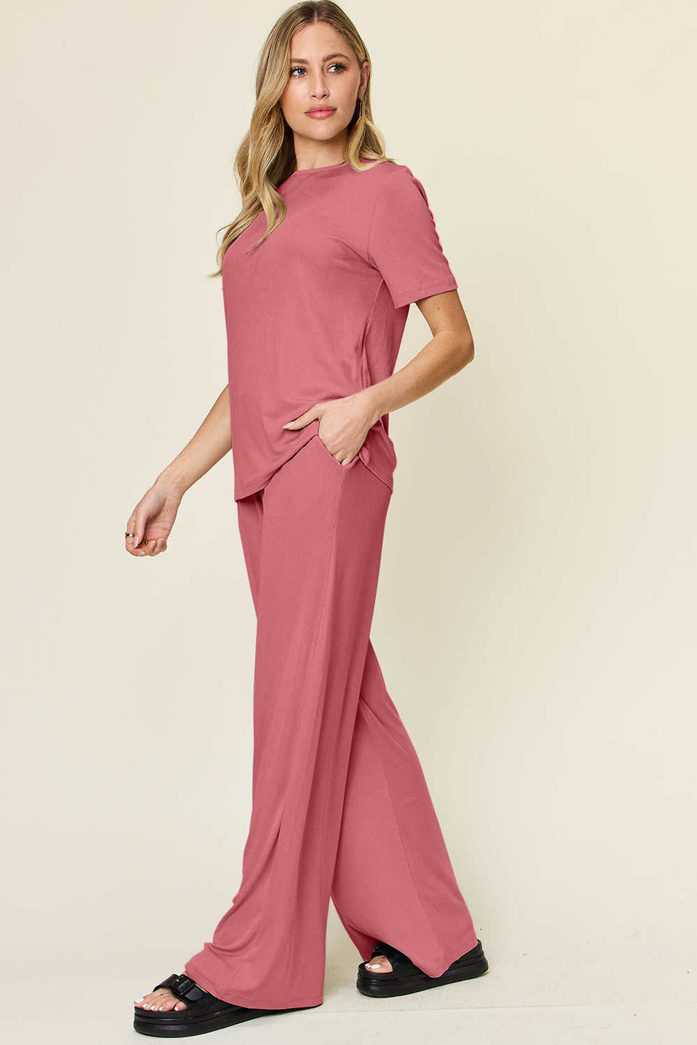 Round Neck Short Sleeve T-Shirt and Wide Leg Pants Set