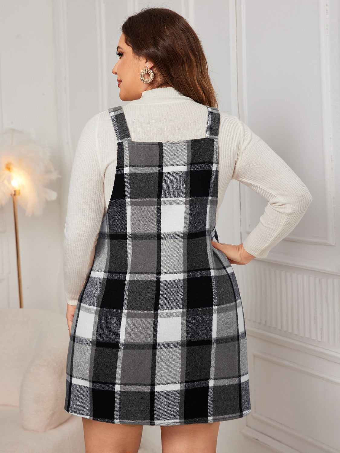 Plus Size Plaid Wide Strap Overall Dress