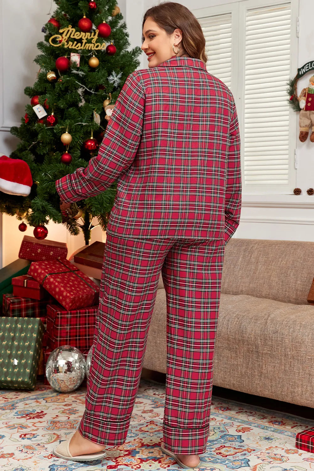 Plaid Collared Neck Pajama Set