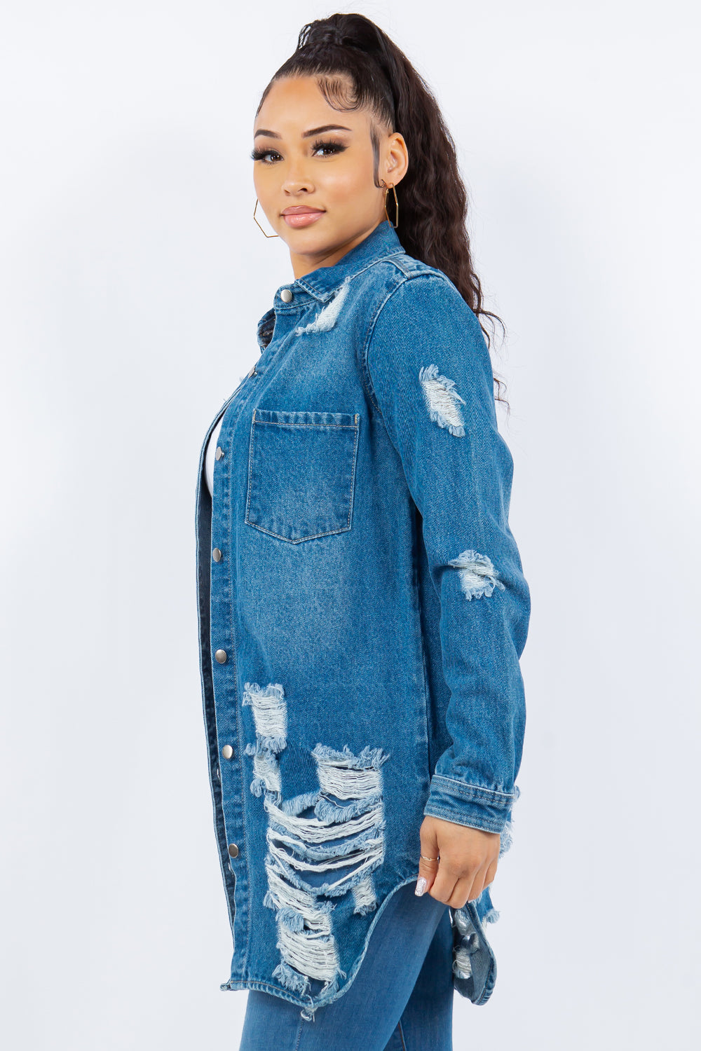 Distressed Button Up Denim Jacket