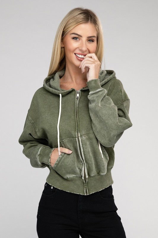 Acid Wash Fleece Cropped Zip-Up Hoodie