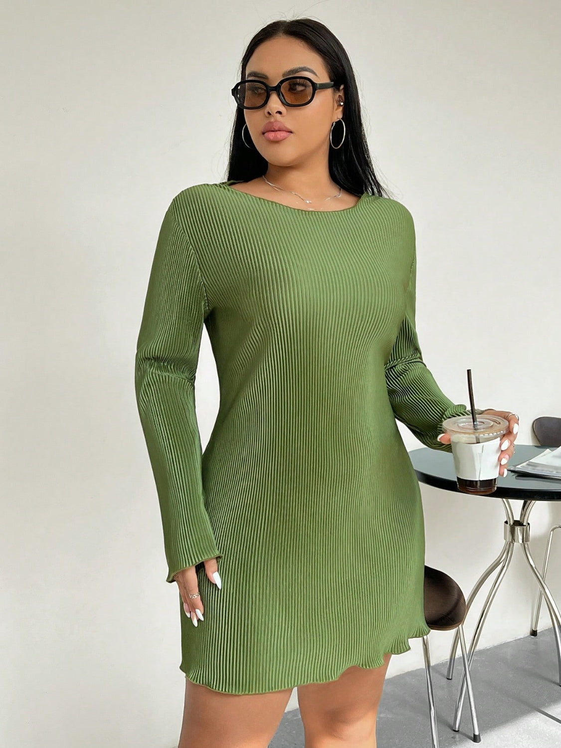 Honey Plus Size Lettuce Hem Long Sleeve Dress