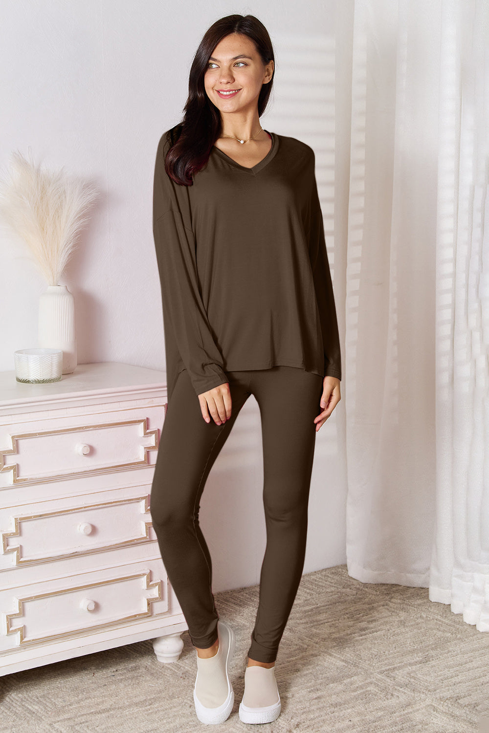 Bamboo  V-Neck Long Sleeve Top and Pants Lounge Set