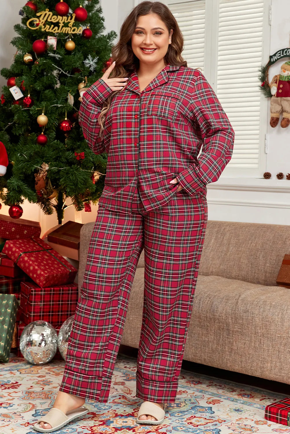 Plaid Collared Neck Pajama Set