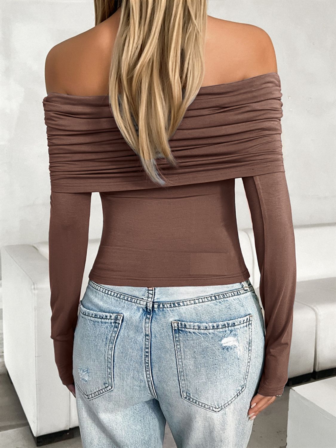 Ruched Off-Shoulder Long Sleeve T-Shirt