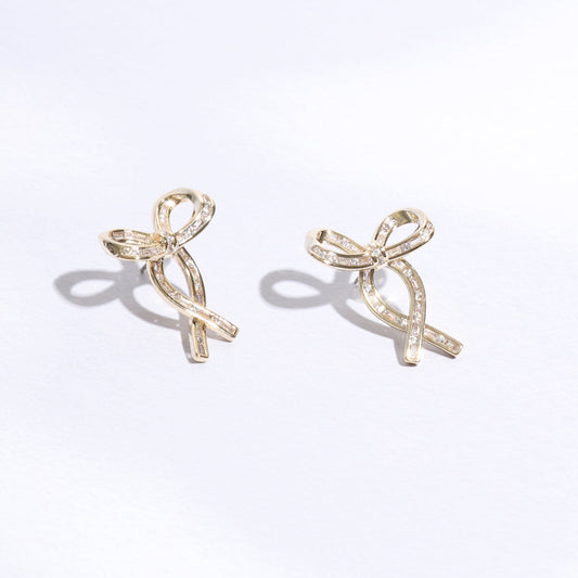 Gold Ribbon Clear Earrings