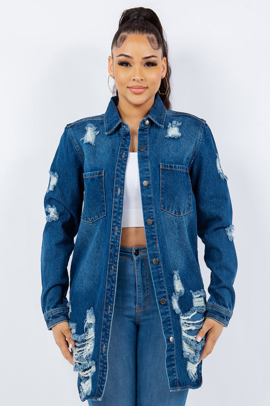 Distressed Button Up Denim Jacket