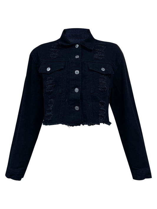 Distressed Collared Neck Long Sleeve Denim Jacket