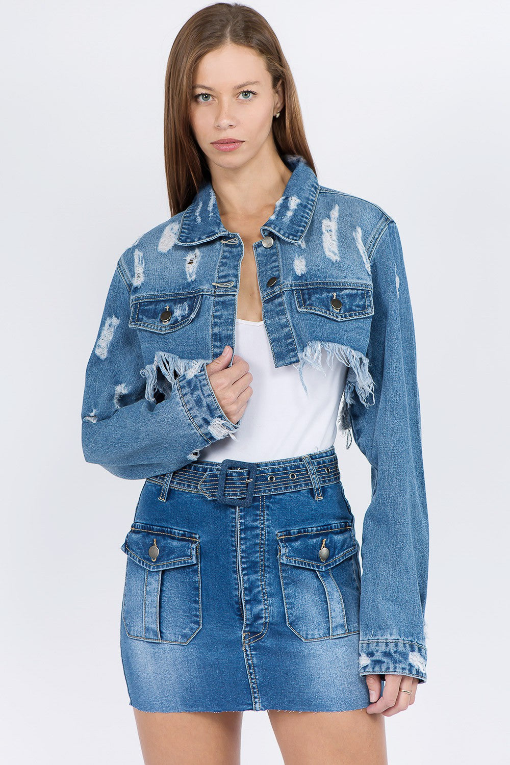 Distressed Denim Jacket with Frayed Hem