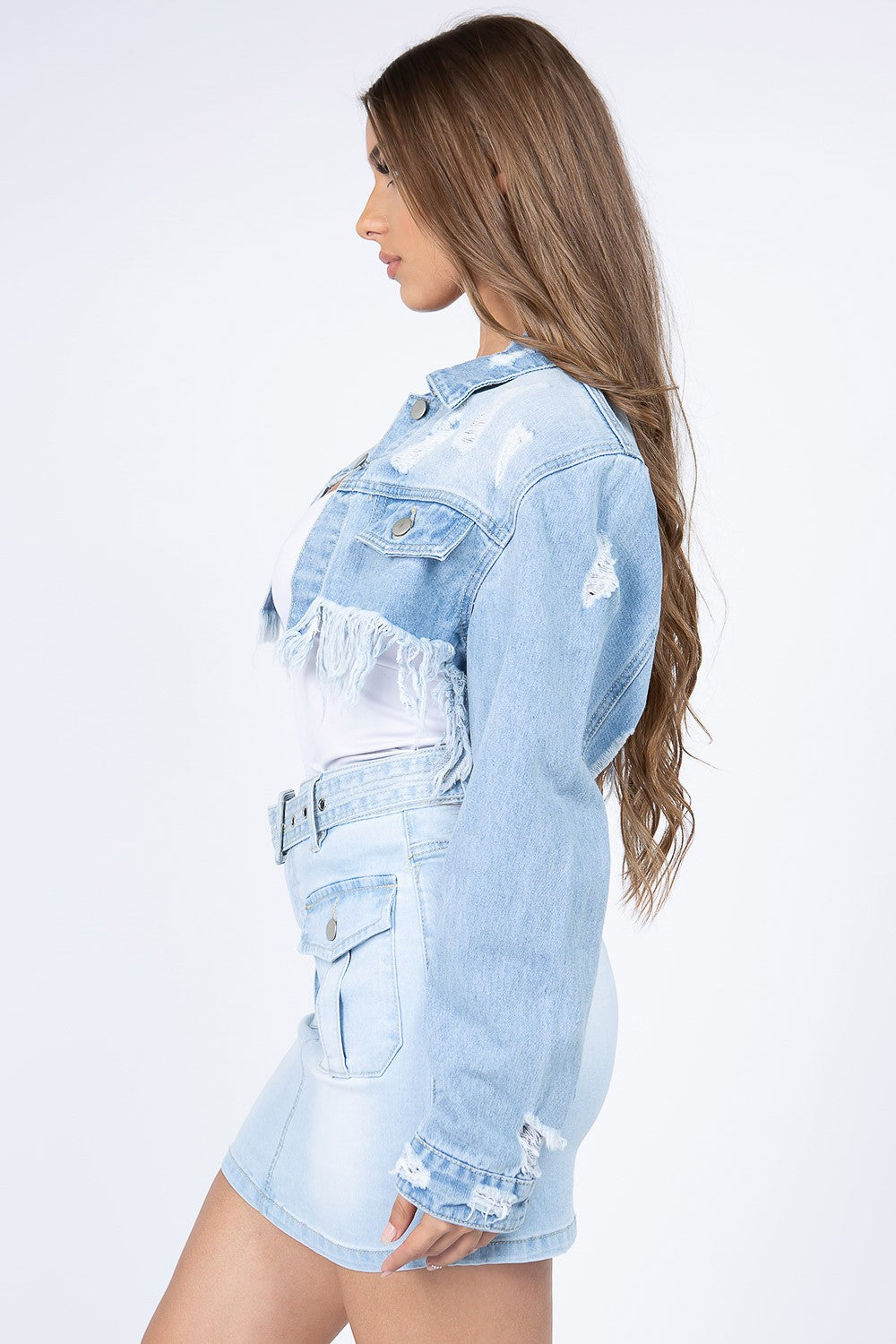 Distressed Denim Jacket with Frayed Hem