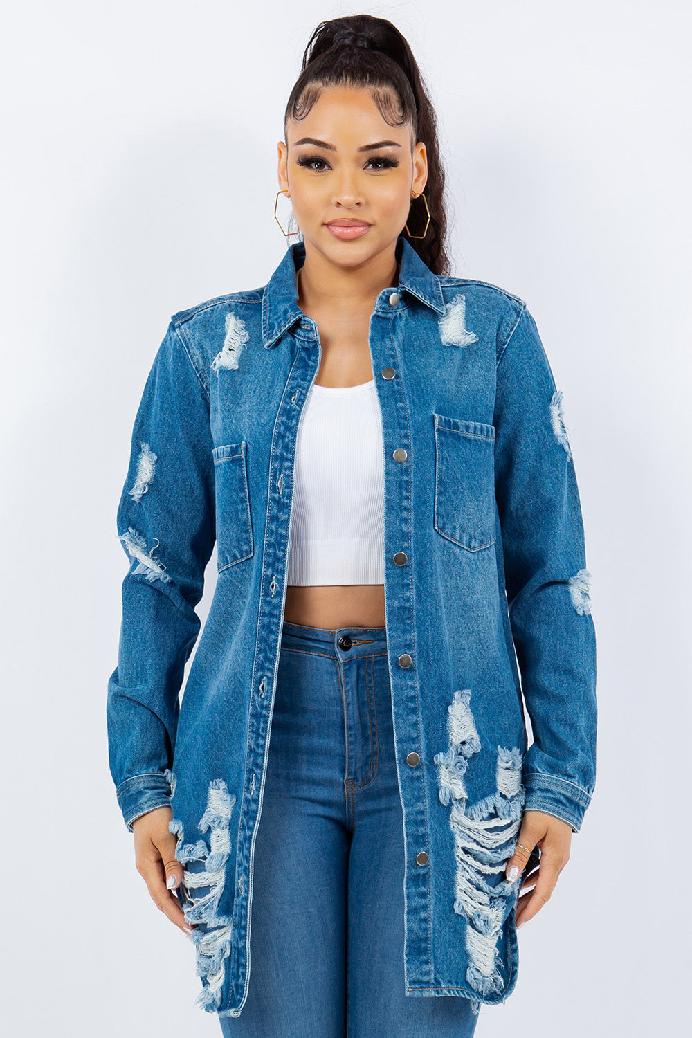 Distressed Button Up Denim Jacket