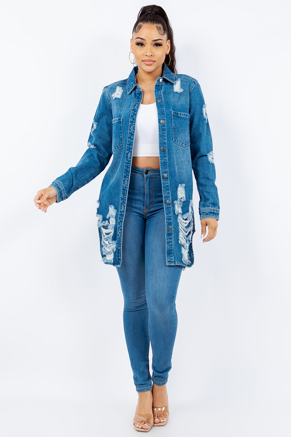 Distressed Button Up Denim Jacket