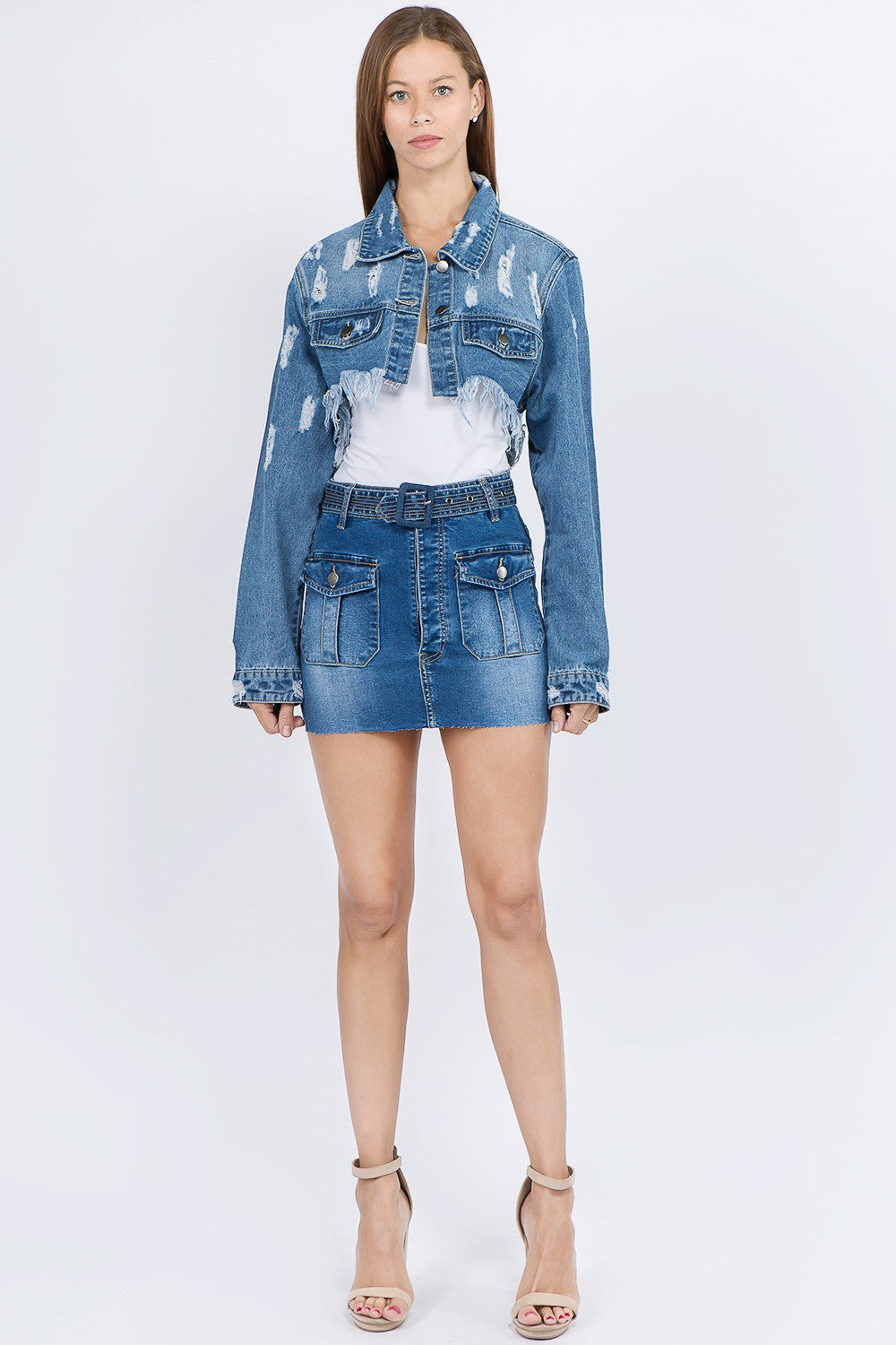 Distressed Denim Jacket with Frayed Hem