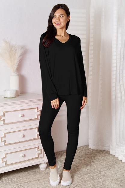 Bamboo  V-Neck Long Sleeve Top and Pants Lounge Set