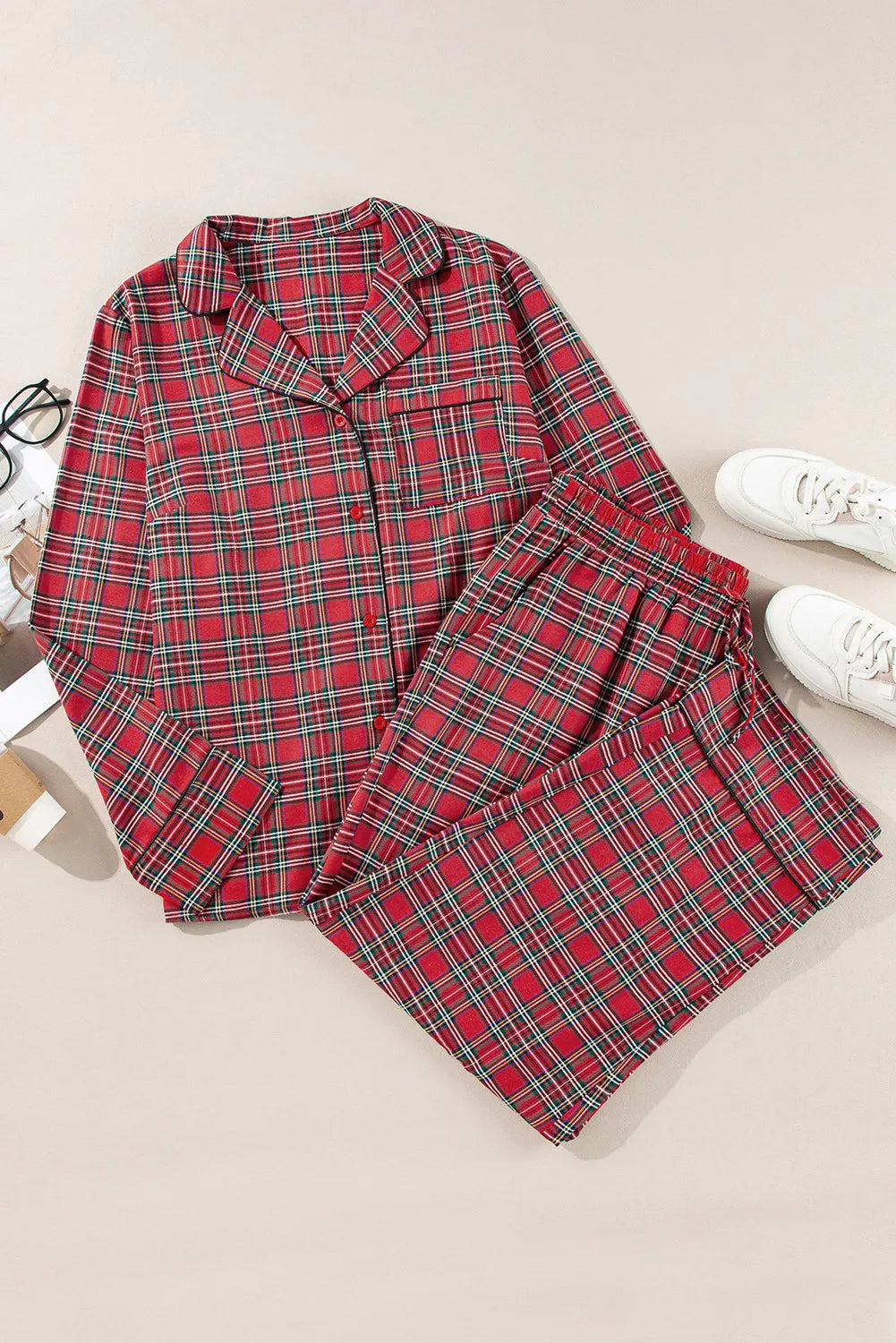 Plaid Collared Neck Pajama Set