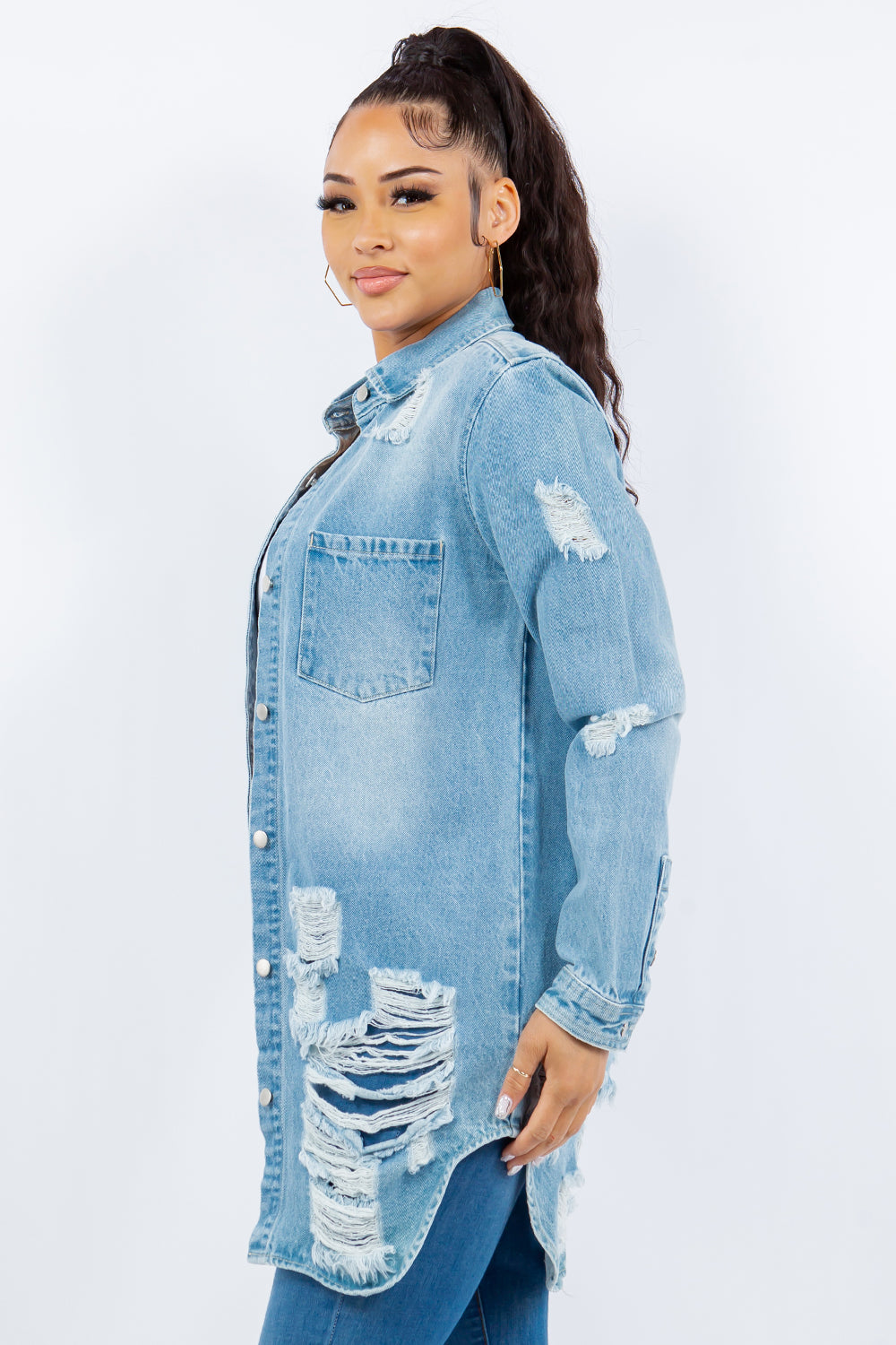 Distressed Button Up Denim Jacket