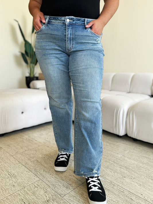 Mid Rise Distressed Straight Jeans