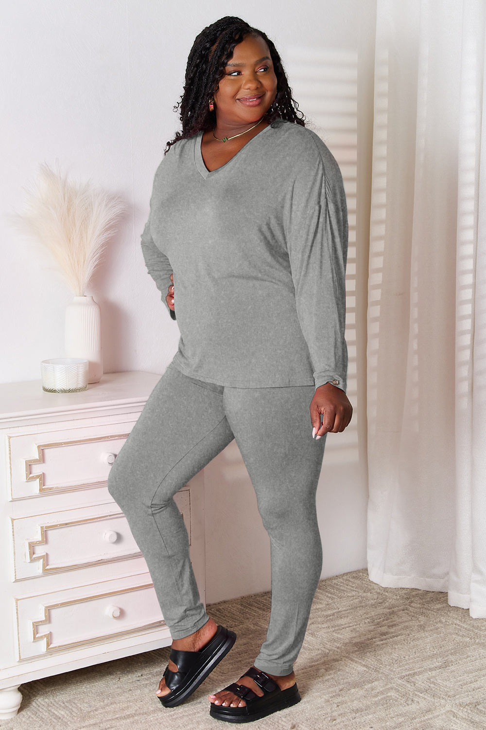 Bamboo  V-Neck Long Sleeve Top and Pants Lounge Set