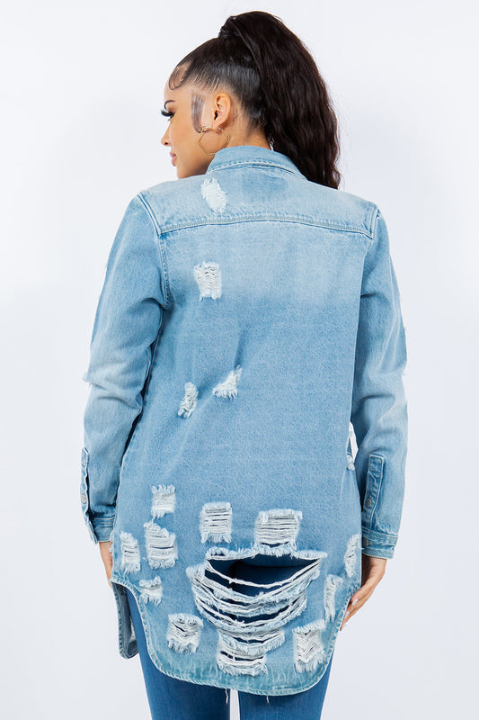 Distressed Button Up Denim Jacket