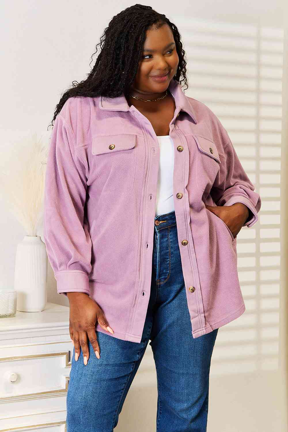 Kozy Girl Button Down Shacket in Lavender